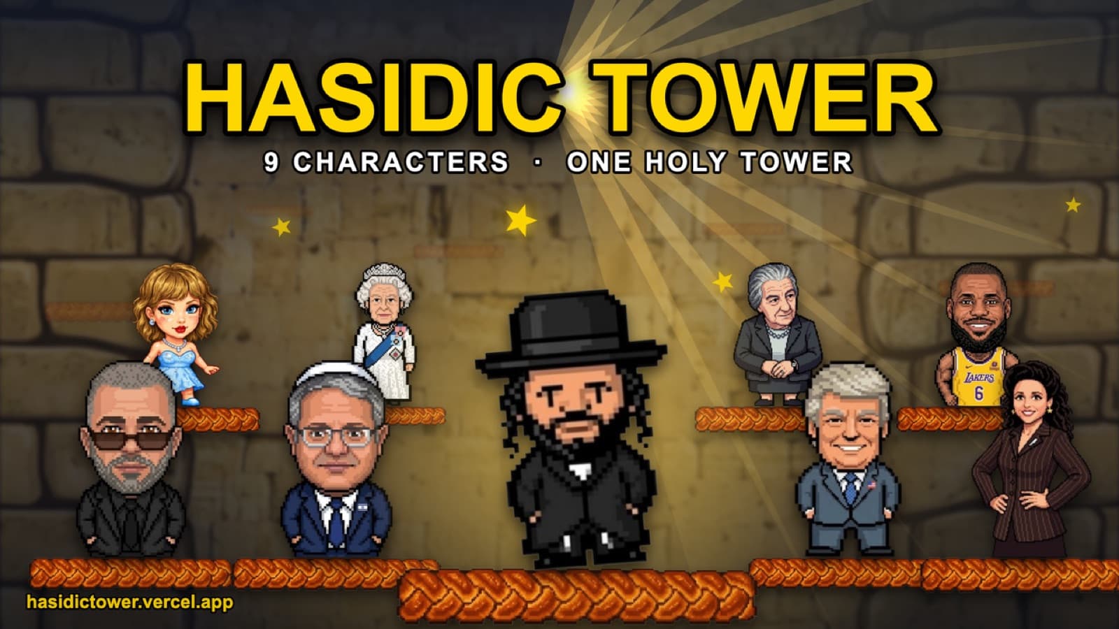 Hasidic Tower key art: the nine pixel-art playable characters standing on braided-challah platforms inside the tower, under the title “9 characters, one holy tower”.